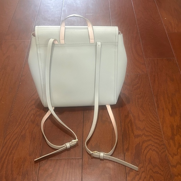 Kate Spade Flap Leather Backpack Light Gray/Taupe with Pink Interior Cute Preppy